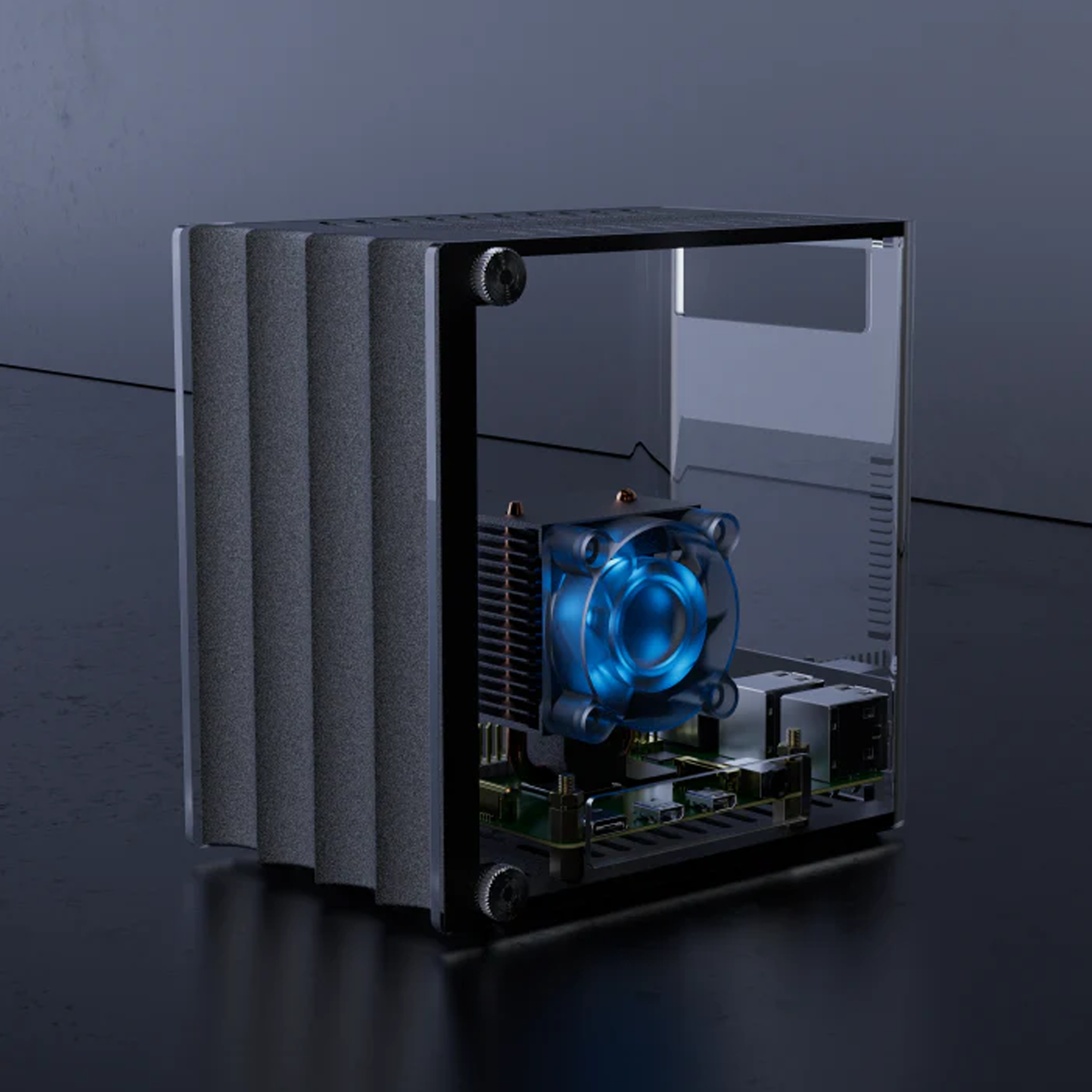 Carcasa Vilros Reveal para Raspberry Pi - Vista de la mini-torre con panel transparente y ventilador RGB